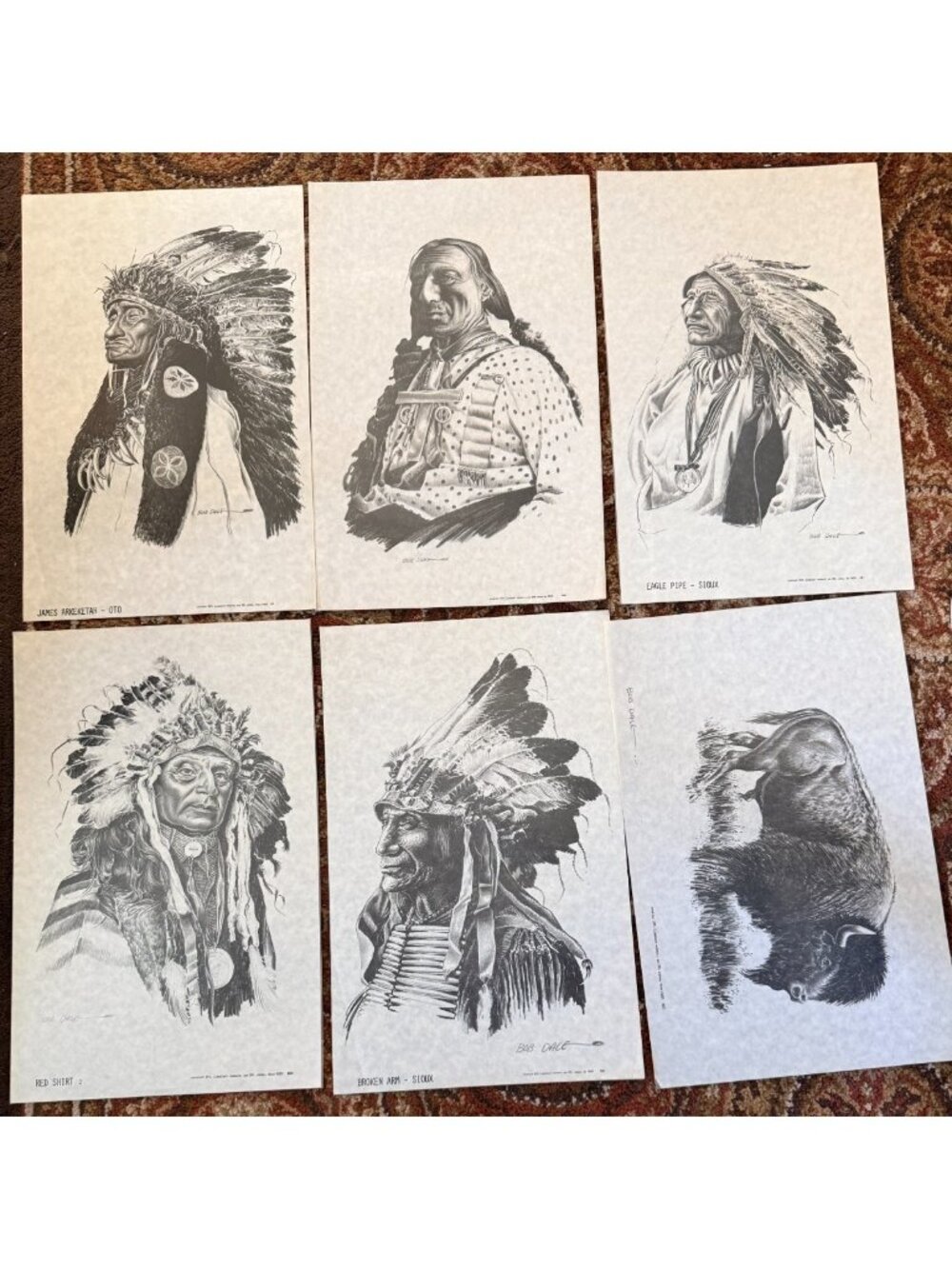 Vintage 6 Prints of Bob Dale's Drawings of Native Americans,  unframed 11" x 17"